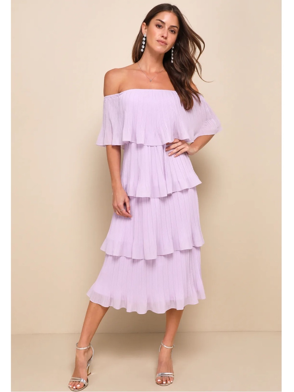 Lulus Gala Ready Lavender Off Shoulder Ruffle Tiered Pleated Midi Dress Small